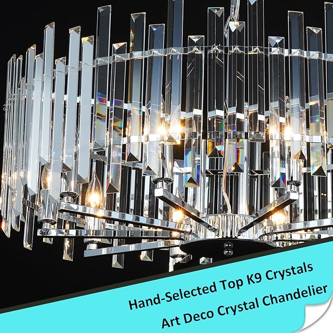 Chrome Crystal Chandeliers for Dining Room, 27.6" Modern Round Chandelier Large Adjustable Height Ceiling Hanging Pendant Light Fixture for Dining Living Room Bedroom
