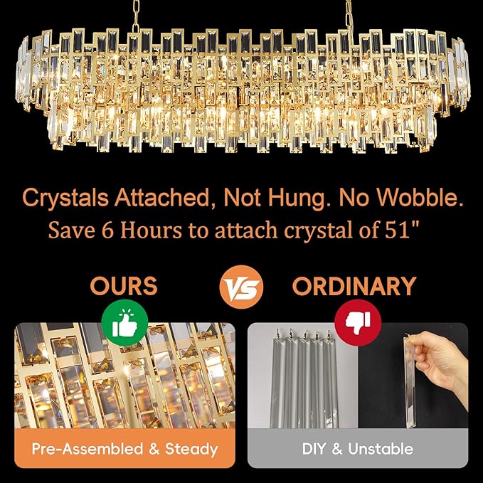Rectangle Gold Chandeliers for Dining Room 2-Tier 16 Lights Modern Crystal Chandelier Luxury Rectangular Oval Preinstalled Top K9 Crystal Contemporary Pendant Lighting Fixture 51"