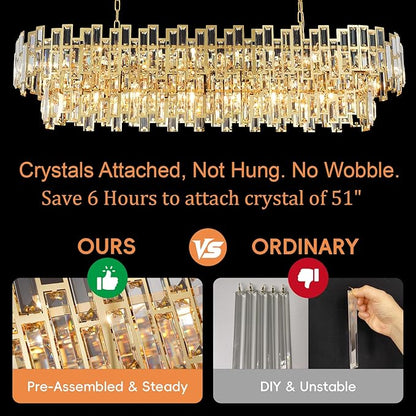 Rectangle Gold Chandeliers for Dining Room 2-Tier 16 Lights Modern Crystal Chandelier Luxury Rectangular Oval Preinstalled Top K9 Crystal Contemporary Pendant Lighting Fixture 51"