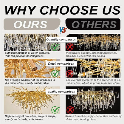 Crystal Chandeliers for Dining Room, 24inch Modern Gold Chandelier, 8-Light Round Tree Branch Chandelier, Raindrop Ceiling Pendant Hanging Light Fixtures for Living Room, Bedroom, Kitchen Island