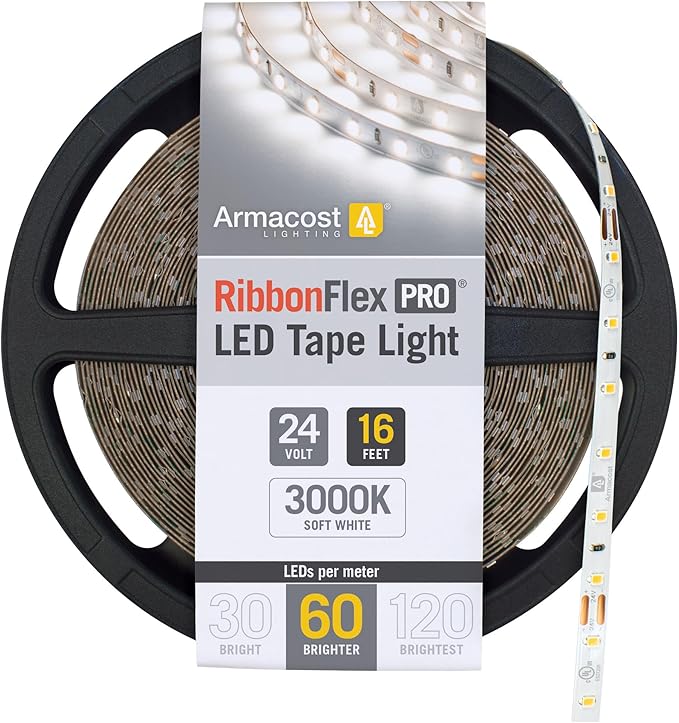 Armacost Lighting RibbonFlex Pro 24V White LED Strip Lights 60 LED/m, 3000K, 16.4 ft 145230