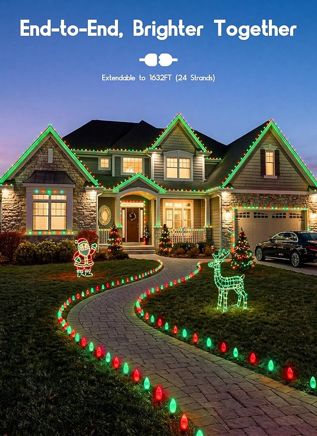 C9 LED Christmas Lights Outdoor, 68 Feet 100 LED Strawberry String Lights With 100 Spring Clamps, Waterproof Commercial Grade Extendable for Outside Roofline Patio Home Xmas Decoration, Red & Green