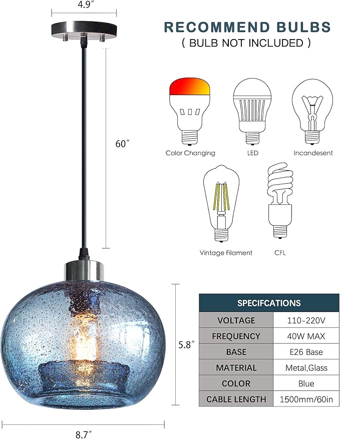CASAMOTION Hand Blown Glass Pendant Lights Kitchen Island Marble Blue Color Modern Rustic Style Ceiling Hanging Light Fixtures Dining Room Brushed Nickel 8.7 Inch Diameter 2 Pack