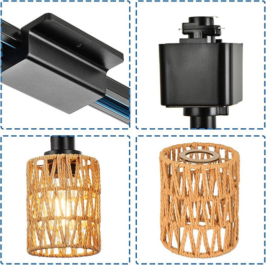 MELUCEE 4 Packs H-Type Track Hanging Light Black Ceiling Track Lighting Fixtures Rattan Pendant Light for Kitchen Island Dining Room Restaurant, Compatible with H Type Track Lighting Rail, E26 Socket