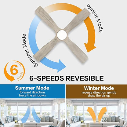 WINGBO 54 Inch Flush Mount DC Ceiling Fan with Lights and Remote, 4 Reversible Carved Wood Blades, 6-Speed Noiseless DC Motor, Hugger Ceiling Fans in Graphite Finish with Barn Wood Blades