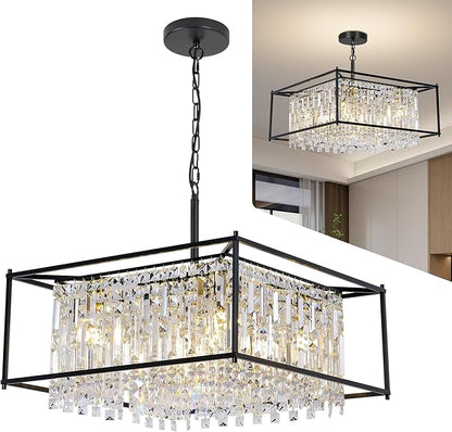 Miuyhji Black Chandeliers for Dining Room, Black Square Lndustrial Chandelier Crystal Pendant Light for Kitchen Island Dining Room Living Room Flat and Inclined Ceiling,L24 x W24 x H17.5