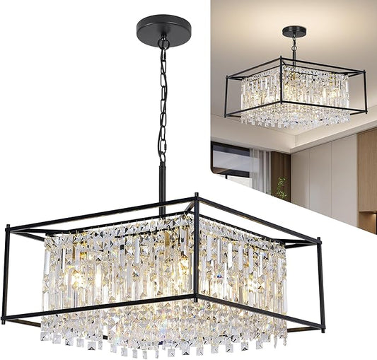 Miuyhji Black Chandeliers for Dining Room, Black Square Lndustrial Chandelier Crystal Pendant Light for Kitchen Island Dining Room Living Room Flat and Inclined Ceiling,L24 x W24 x H17.5