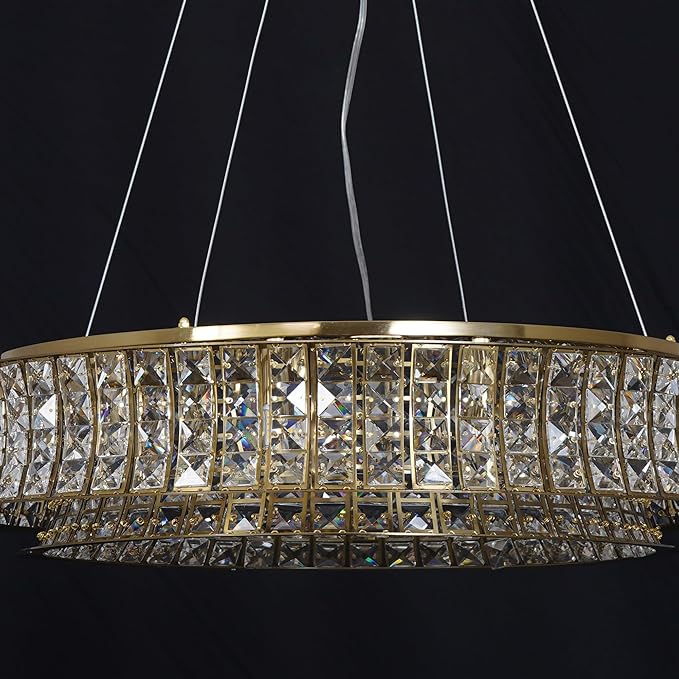 Modern Crystal Chandelier Round 12-Light Contemporary Hanging Ceiling Light Fixture Copper/Brass Finish with Rectangular Crystals Dining Room Living Room Bedroom Entryway Lighting Easy Install 24''