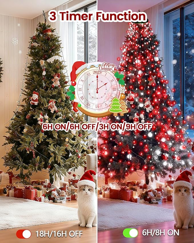 2025 New Christmas Tree Lights Indoor with Voice Control & Remote | 448LED Waterfall Tree Topper Lights with 12 Modes & Timer, 7FT x 16 Lines Cascading Twinkle Lights for 7FT Xmas Decor(Red White)