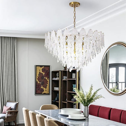 31.5" Gold Glass Chandelier, 5-Tier 12-Light Round Pendant Ceiling Fixture 59" Hanging Adjustable Chain for Foyer, Living Room, Bedroom, Dining Room
