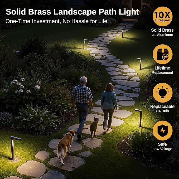 Gardenreet Landscape Path Lights Brass, 12V Low Voltage Pathway Lights Wired, Outdoor Garden Lights LED Waterproof, L Shape Bronze for Yard Walkway Driveway Without G4 Bulb
