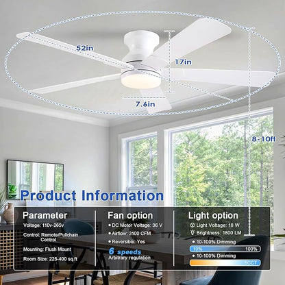 52 inch Ceiling Fans with Lights, White Flush Mount Ceiling Fan with Remote, 3CCT, LED Dimmable, Reversible, 6 Fan Speeds, Quite Low Profile Ceiling Fan with Lights Modern Bedroom Kitchen Indoor