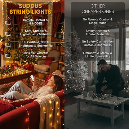 suddus 300 Led Connectable Christmas Lights Outdoor Waterproof, 99ft Christmas Tree Light Plug in with Remote, Warm White String Lights Indoor for Dorm Xmas Holiday Yard Party Porch Patio Garden Decor