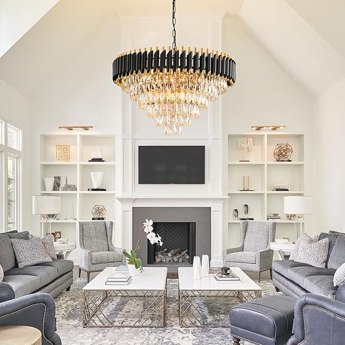 Modern Crystal Chandeliers for Dining Room Living Room 15-Light Black and Gold Chandelier Round 6 Tiers Large Contemporary Pendant Ceiling Hanging Light Fixture for Entryway Foyer Staircase W29”