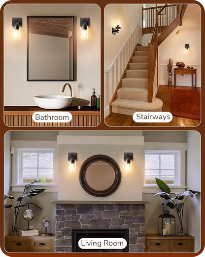 EDISHINE Wall Sconces Set of 2, Farmhouse Vanity Light Fixtures with Clear Glass Shade & Dark Brown Wood Grain Paint, 1-Light Wall Mount Lamp for Bathroom, Hallway, Living Room, Mirror, Kitchen