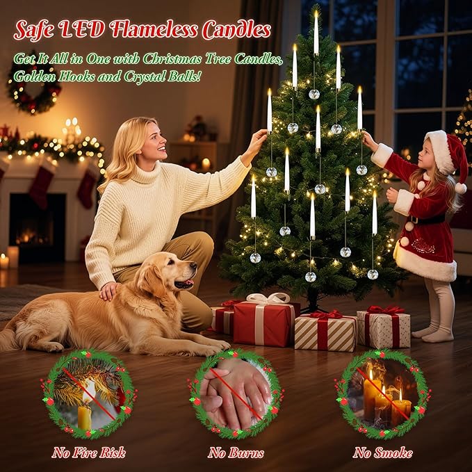0.4" x6" LED Short Taper Candles with 12 Crystal Ball Hooks, 12 Pcs Flameless Christmas Tree Hanging Candles with Remote, Battery Operated Taper Candle for Xmas, Home, Indoor and Party