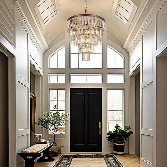 TOCHIC 10 Light Large Crystal Chandelier 31.5 inch, 5-Tier Contemporary Modern Bronze Crystal Chandeliers, Raindrop K9 Round Ceiling Light for Bathroom,Staircase, Entryway, Dining Room, Foyer, Kitchen
