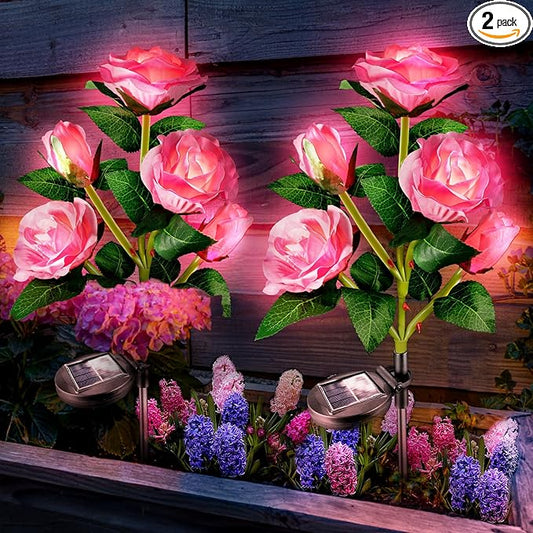 Anordsem Solar Garden Lights Outdoor: 10 Waterproof Fabric Roses 2 Pack - Pink LED Flower Decorations for Yard Patio Path Cemetery Grave - Mother’s Day Gift for Her Women Mom Wife