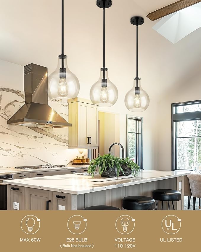 Emak 8 Inch Pendant Lights Kitchen Island, Modern Black Pendant Light with Clear Glass Shade, Farmhouse Hanging Light Fixture for Kitchen, Bathroom, Hallway, Dining Room, PL125-BK