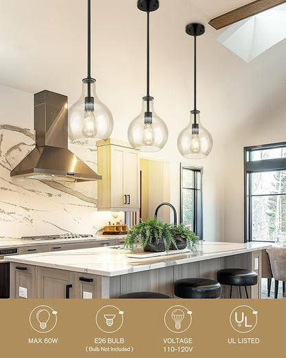 Emak 8 Inch Pendant Lights Kitchen Island, Modern Black Pendant Light with Clear Glass Shade, Farmhouse Hanging Light Fixture for Kitchen, Bathroom, Hallway, Dining Room, PL125-BK