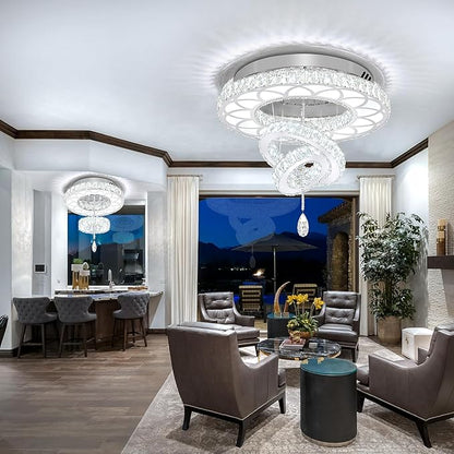 Flashing God Dia 24" Crystal Chandelier Crystal Silver Ceiling Light Fixtures LED Flush Mount Ceiling Light for Living Room Bedrooms Dining Room Dimmable 2700k 4500k 6000k