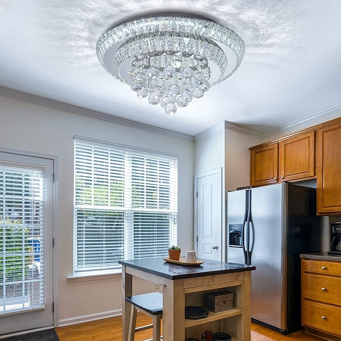 Miuyhji Elegant LED Crystal Raindrop Ceiling Light,20" Flush Mount Chandelier Light Fixture with Remote Control for Living Room Kitchen Island Bathroom Bedroom Hallway Entryway(Dimmable)