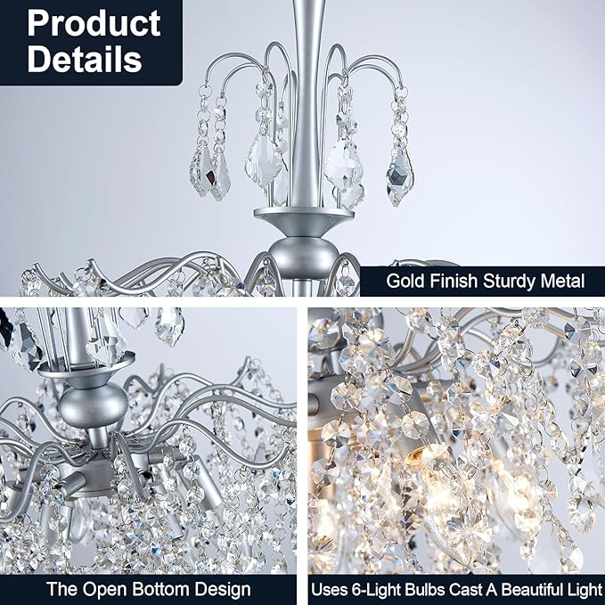 Modern Crystal Chandelier, Chrome Candle Chandeliers for Dining Room Lighting Fixtures Hanging, Kitchen Ceiling Hanging Pendant Light for Bedroom Living Room Kitchen Island Hallway