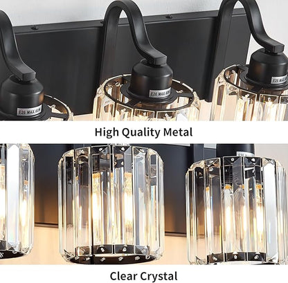 Modern 3-Lights Black Bathroom Vanity Light, Crystal Bathroom Lights Over Mirror, Modern Wall Lighting Fixtures with Crystal Round Shade (Exclude Bulb)