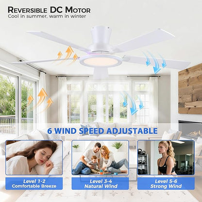 Ayaoty White Ceiling Fan with Light Flush Mount - 52in Low Profile Ceiling Fan with RGB Light and 5 Reversible Fan Blades, LED 3CCT Dimmable, Modern Indoor Fan Light for Bedroom, Party, White
