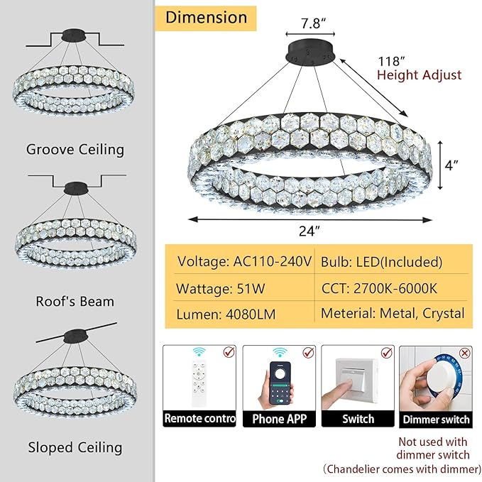 Modern Ring Chandelier, Crystal Chandeliers for Dining Room Round LED Ceiling Light Fixture for Living Room Bedroom Lighting Dimmable with Remote Black