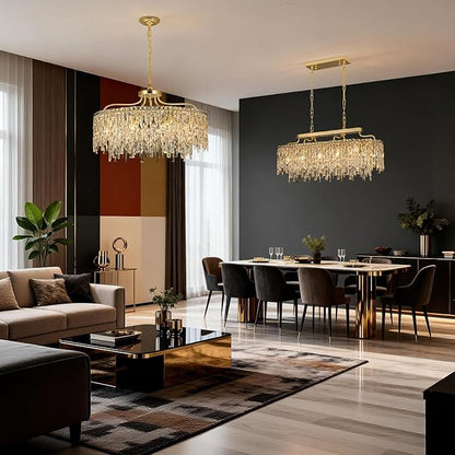 10 Lights Modern Gold Crystal Chandeliers for Dining Room Light Fixture | D28 Round Crystal Chandelier Over Table | Hanging Lighting for Living Room Kitchen Island Bedroom Bathroom