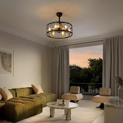 JONATHAN Y 21.6" Oil Rubbed Bronze/Gold Painting Caged Ceiling Fan with Lights, 6-Speed Industrial Farmhouse Flush Mount Fan with Remote and App Control, Metal Cage Shade, 6 LED Bulbs (JYL9732B)