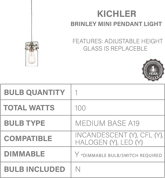 Kichler Brinley 7.75" Kitchen Pendant in Brushed Nickel, Mini Farmhouse Pendant with Clear Glass, (7.75" H x 4.75" W), 42878NI, 1-Light
