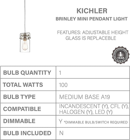 Kichler Brinley 7.75" Kitchen Pendant in Brushed Nickel, Mini Farmhouse Pendant with Clear Glass, (7.75" H x 4.75" W), 42878NI, 1-Light