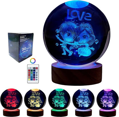 Love Crystal Ball lamp,3D 3.15 inch K9 Couple Night Light with Wooden Base,16 Colors Change with Remote Control,Sweetheart Crystal Gift for Girlfriend,Valentine's Day Christmas Gift (F)