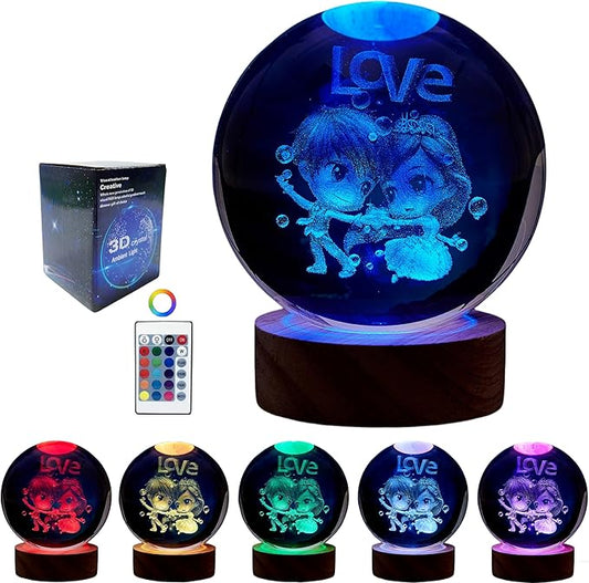 Love Crystal Ball lamp,3D 3.15 inch K9 Couple Night Light with Wooden Base,16 Colors Change with Remote Control,Sweetheart Crystal Gift for Girlfriend,Valentine's Day Christmas Gift (F)