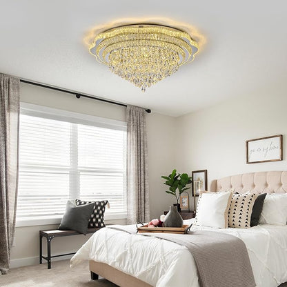 40" Sliver Crystal LED Ceiling Light Fixture with Remote Control,Large Flush Mount Chandelier with 3-Color Dimmable for Living Room Bedroom Dining Room