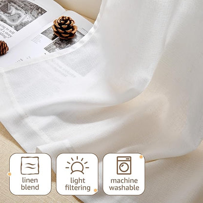 jinchan Linen Tie Top Curtains 36 Inch Length Farmhouse Cafe Curtains Set of 2 for Bedroom Bathroom Rustic Small Windows Light Filtering White Panels with Blue Ties