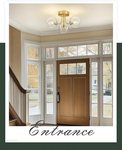 3-Globe Gold Flush Mount Ceiling Light in a Modern Farmhouse Design is Ideal for Living Rooms, Bedrooms, or Dining Rooms. Model:CKCL4845-3W-CLPG,(Bulb Incl)