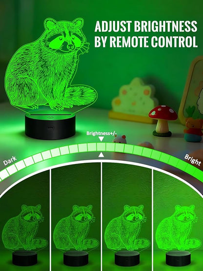 Lampeez Raccoon 3D Night Light for Kids, LED 16 Colors Remote Control Changing Touch Dimmable Table Desk Lamp, Cute Animal Gifts for Raccoon Lovers Animal Fans