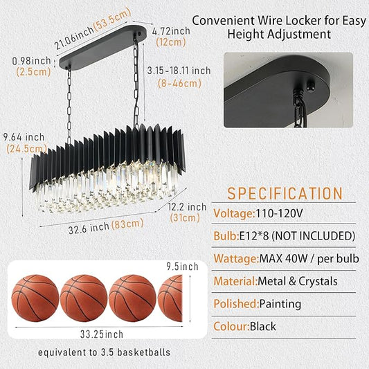 Modern Black Rectangular Crystal Chandelier for Dining Room 3-Tiers 8 Lights Luxury Oval Ceiling Hanging Light Contemporary Pendant Light Fixture for Kitchen Island Living Room Bar L33 inch