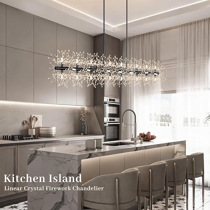 Chandeliers for Dining Room 59" Linear Crystal Chandeliers Light Fixture Firework Dandelion Sputnik Chandelier Long Black Crystal Branch Pendant Light for Kitchen Island Living Room Dining Table
