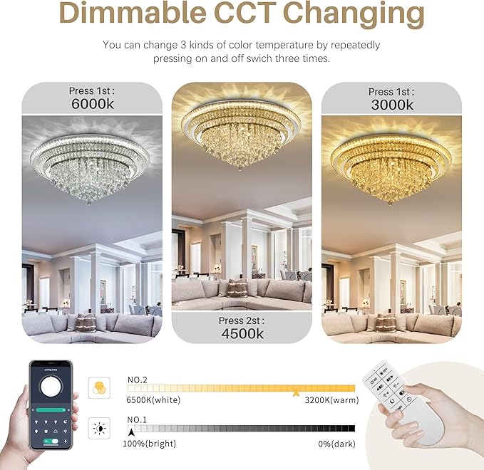 COCOSTAR Sliver Elegant LED Crystal Raindrop Ceiling Light with Remote and APP, 40" Modern Flush Mount Chandelier Light Fixture, 3CCT Dimmable, for Living Room Kitchen Island Bedroom Entryway Foyer
