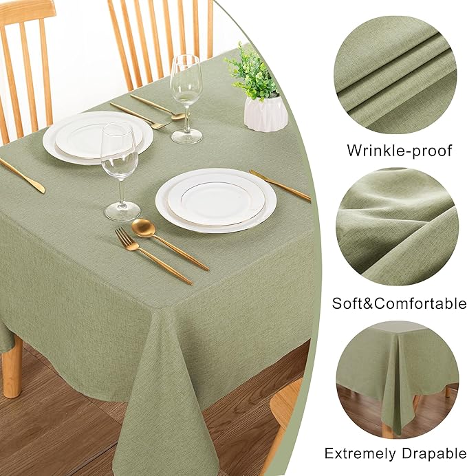 DWCN Rectangle Faux Linen Tablecloth - Waterproof Spill-Proof Wrinkle and Stain Resistant Table Cloth Washable Decorative Farmhouse Table Cover for Kitchen Dining Party, 60 x 84 Inch, Sage Green