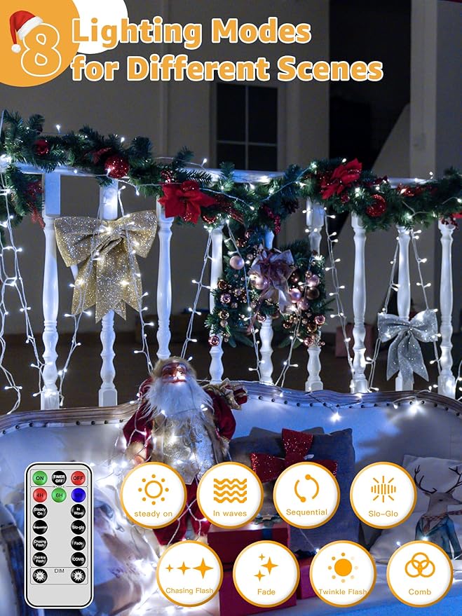 Guhope String Lights 1200LED 196FT, Waterproof Outdoor String Lights with Remote and Timer, 8 Modes Dimmable Fairy Lights for Indoor Outdoor Wedding Party Holiday Decorations (Cool White)