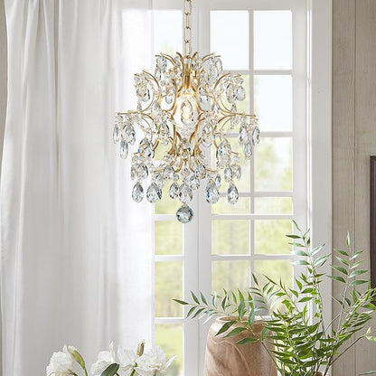 Bestier Gold Modern Pendant Chandelier Crystal Raindrop Lighting Ceiling Light Fixture Lamp for Dining Room Bathroom Bedroom Livingroom entryway 1 E26 Bulbs Required D13 in x H16 in