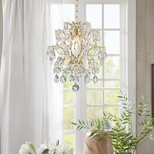 Bestier Gold Modern Pendant Chandelier Crystal Raindrop Lighting Ceiling Light Fixture Lamp for Dining Room Bathroom Bedroom Livingroom entryway 1 E26 Bulbs Required D13 in x H16 in