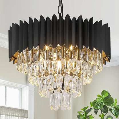 A AXILIXI Modern Crystal Chandeliers Black 20" Round Chandeliers for Dining Room 9 Lights Ceiling Pendant Light Fixtures 4 Tiers Contemporary for Living Room Bedroom Foyer