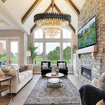 Modern Crystal Chandeliers for Dining Room Living Room 15-Light Black and Gold Chandelier Round 6 Tiers Large Contemporary Pendant Ceiling Hanging Light Fixture for Entryway Foyer Staircase W29”