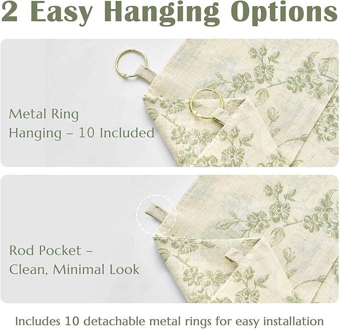 jinchan Floral Linen Kitchen Curtains with Attached Valance 36 Inch Length Farmhouse Cafe Tier Curtains for Living Room Bathroom Rustic Half Window Light Filtering Small Drapes 2 Panels Green